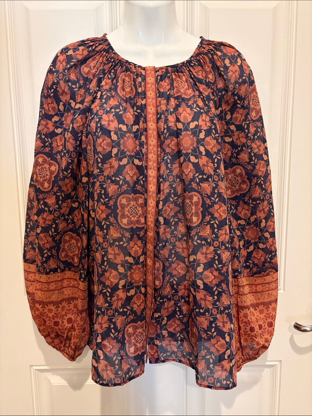 Kobi Halperin Karine Boho Floral Peasant Top in Rust and Navy M